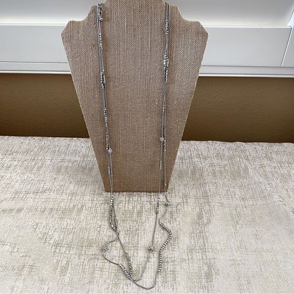 Chico's Double Strand Silver Necklace w/Square Beads and Circle Rhinestones EUC! - Picture 4 of 4